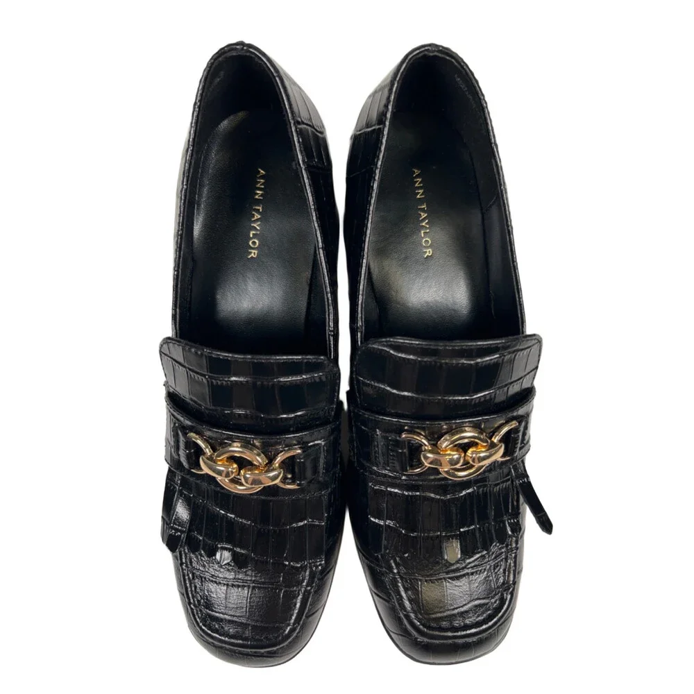Ann Taylor Women's Black Leather Croco Loafer Pump Block Heels - 6
